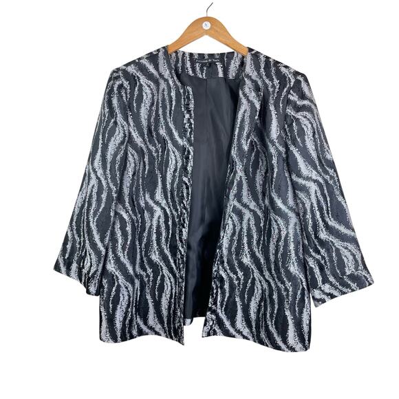Preston & York Black & Gray Print Brocade Open Front Collarless Blazer Jacket - Picture 5 of 11